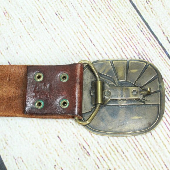 Vintage Brown Leather Belt with Solid Brass Eagle Buckle Size S - Picture 8 of 12